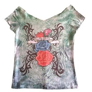 NWT Harley Davidson Rag‎ On Purpose Dusty Blue Rose Graphic T-Shirt Large